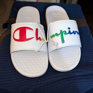 ♥️Champion Women's Super Slide Split Script Slide Sandals in white&  rainbow.. 9